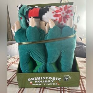 Prehistoric Holiday Dinosaur Slippers and Throw Blanket Set